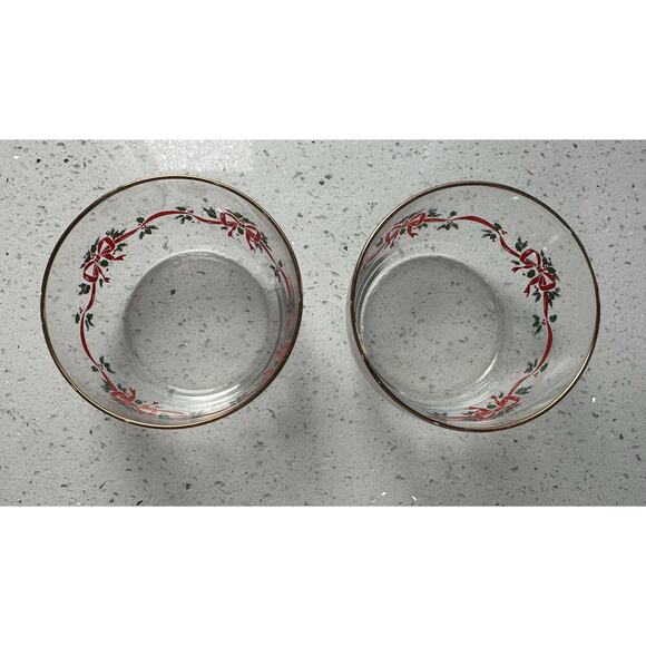 2 VTG Glass Ribbon Holly & Berry Pattern 4 1/4" Bowl w/ Gold Rim Open Candy Dish - Picture 3 of 3